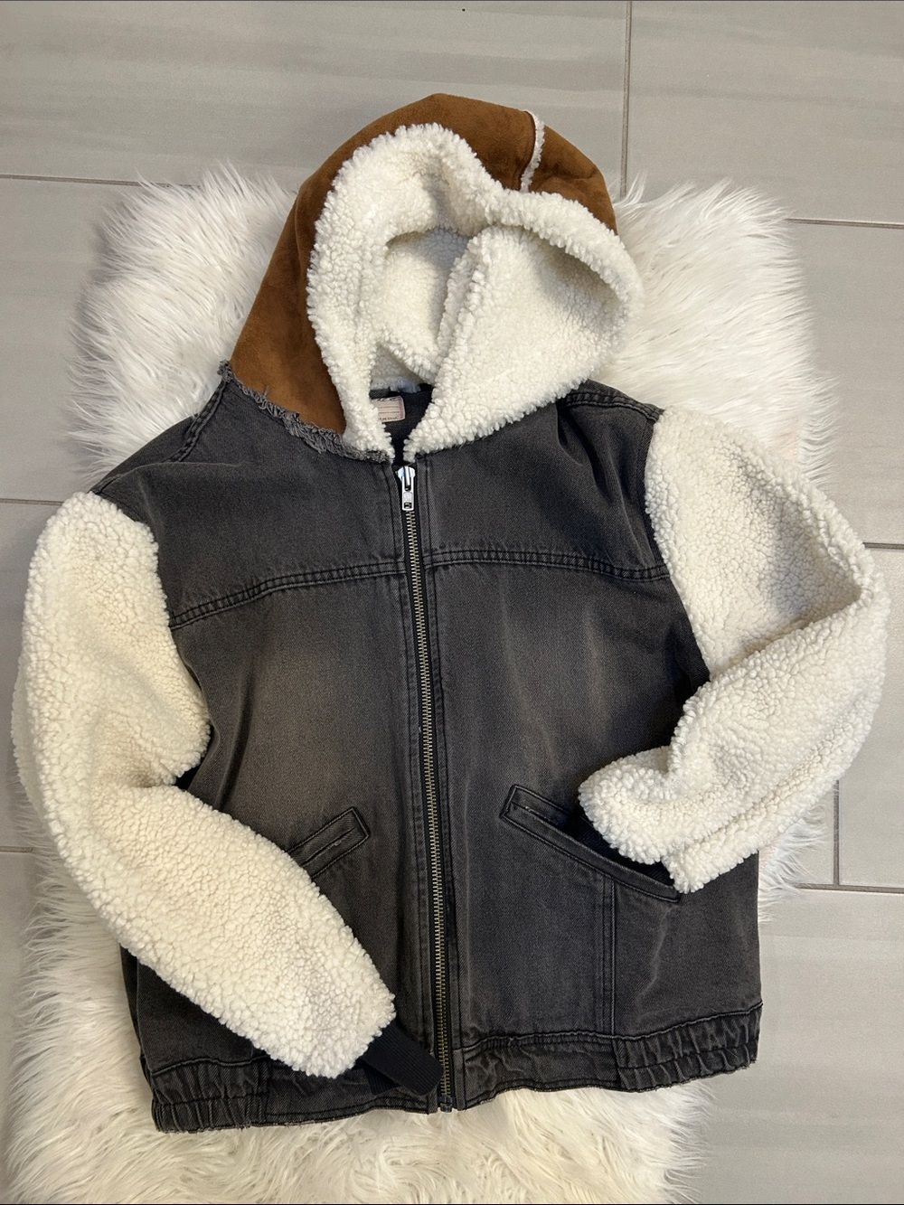 We The Free People Cozy Track Jacket Denim Sherpa Mixed Media Hooded